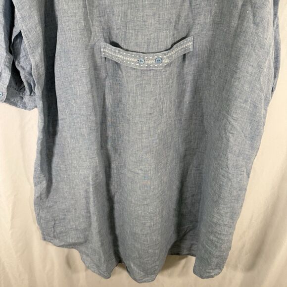 Potery 100% Linen Maxi Dress Womens 18 Blue Front Pockets Long Sleeve Round Neck - Picture 13 of 14